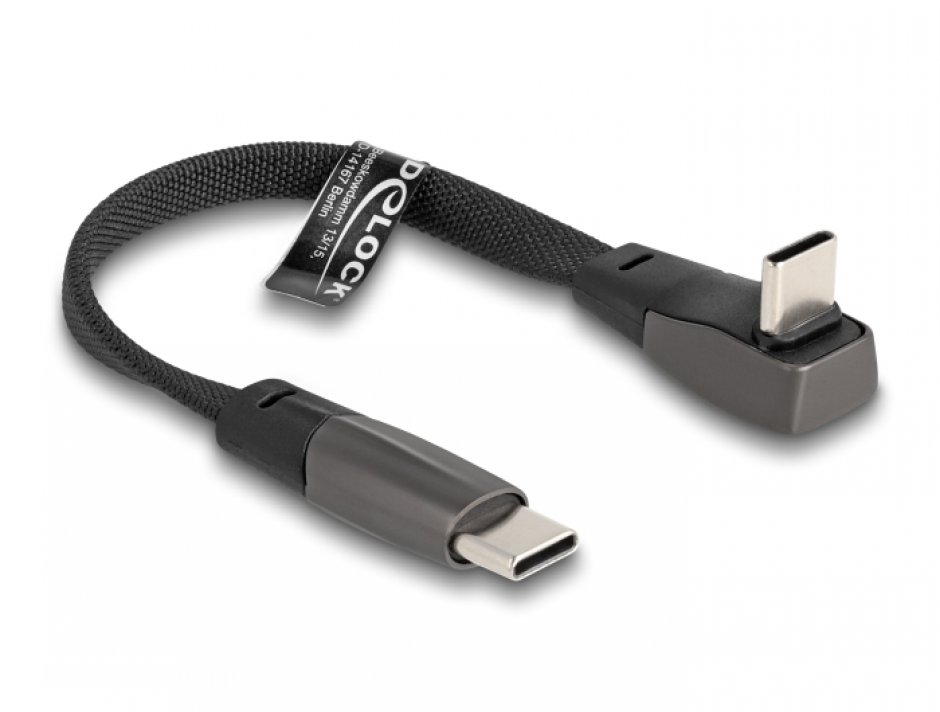 Imagine Cablu flat USB 2.0 type C drept/unghi 90 grade 60W T-T 14cm brodat Negru, Delock 80750